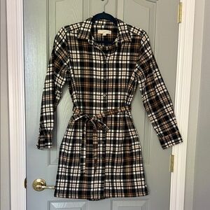 LOFT Plaid Long Sleeve Shirt Dress in Black, Brown & Cream